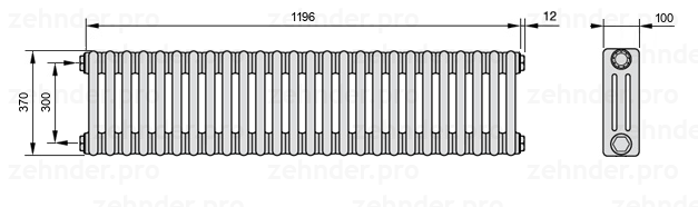 Схема (чертеж) Радиатор Zehnder Charleston 3037/26 №1270 Белый глянцевый RAL 9016